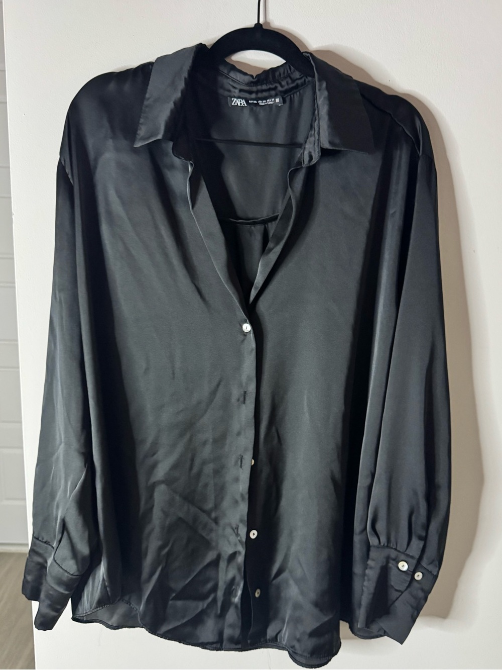 Zara Black Satin Button Down Blouse Long Sleeve Collared Silky Shirt | L - Picture 6 of 9